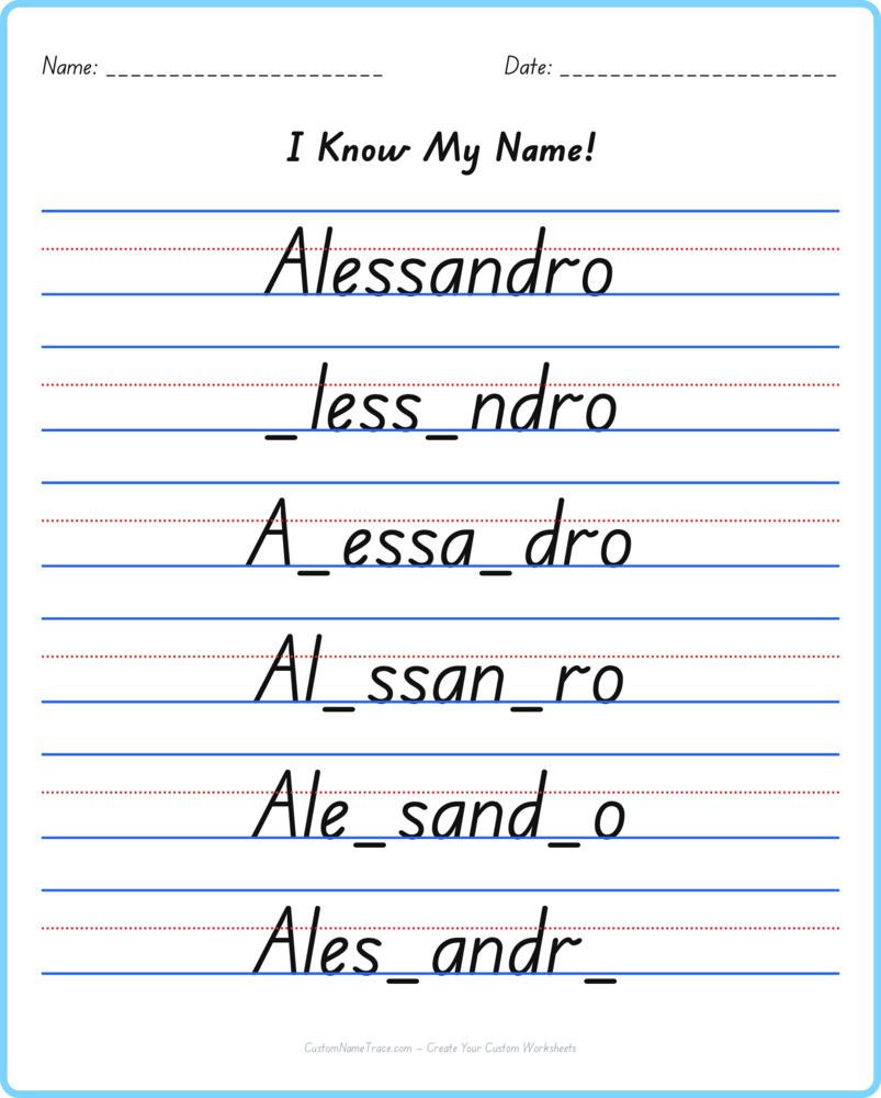 Free Alessandro custom name tracing - fill-in-the-blank free worksheet