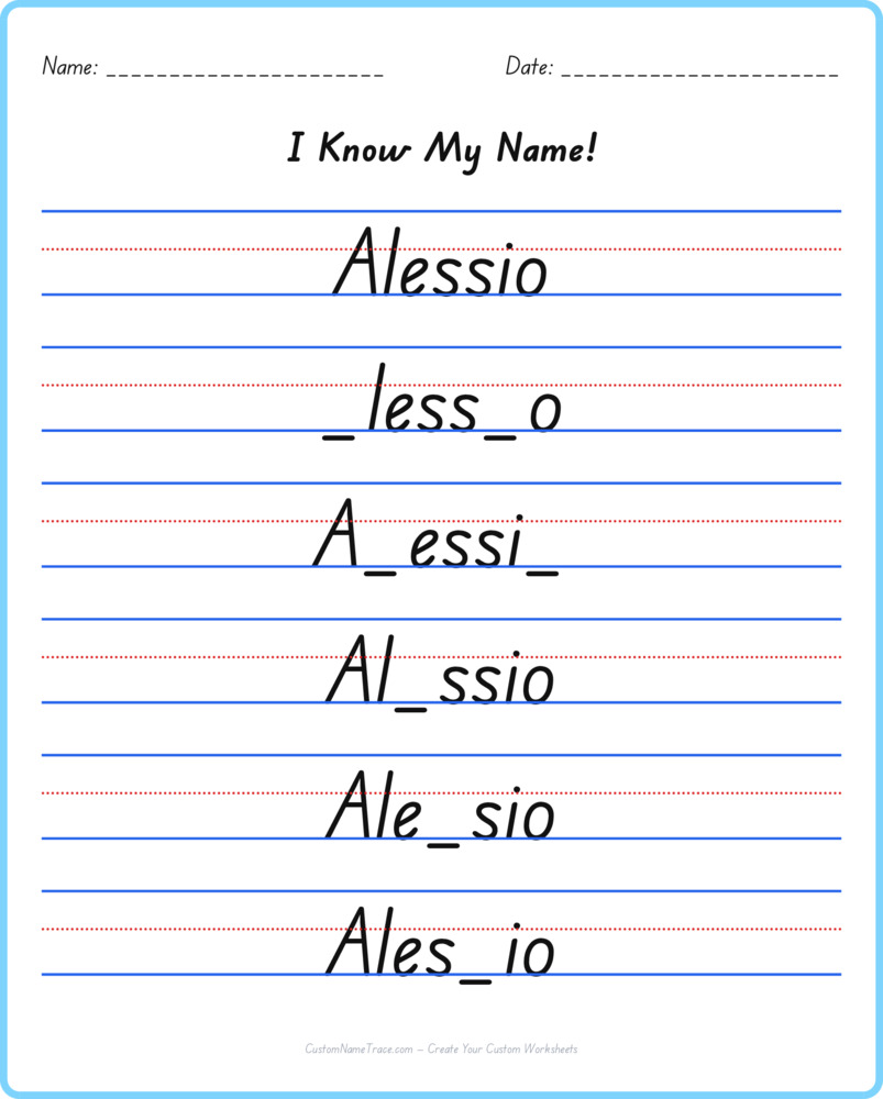 Free Alessio custom name tracing - fill-in-the-blank free worksheet