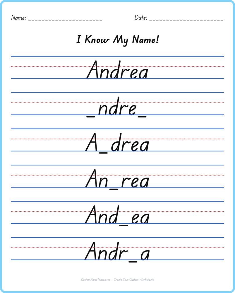 Free Andrea custom name tracing - fill-in-the-blank free worksheet