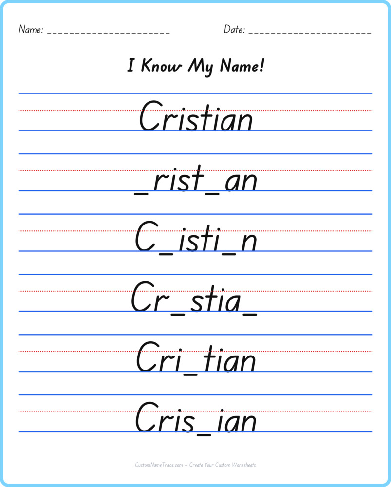 Free Cristian custom name tracing - fill-in-the-blank free worksheet