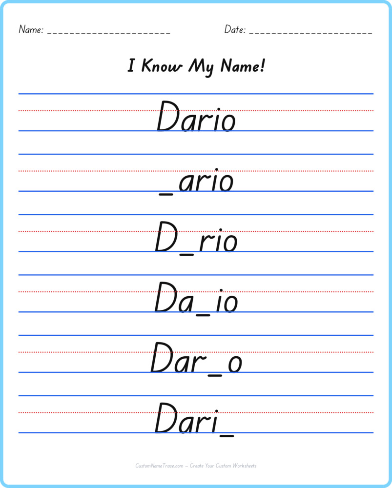 Free Dario custom name tracing - fill-in-the-blank free worksheet