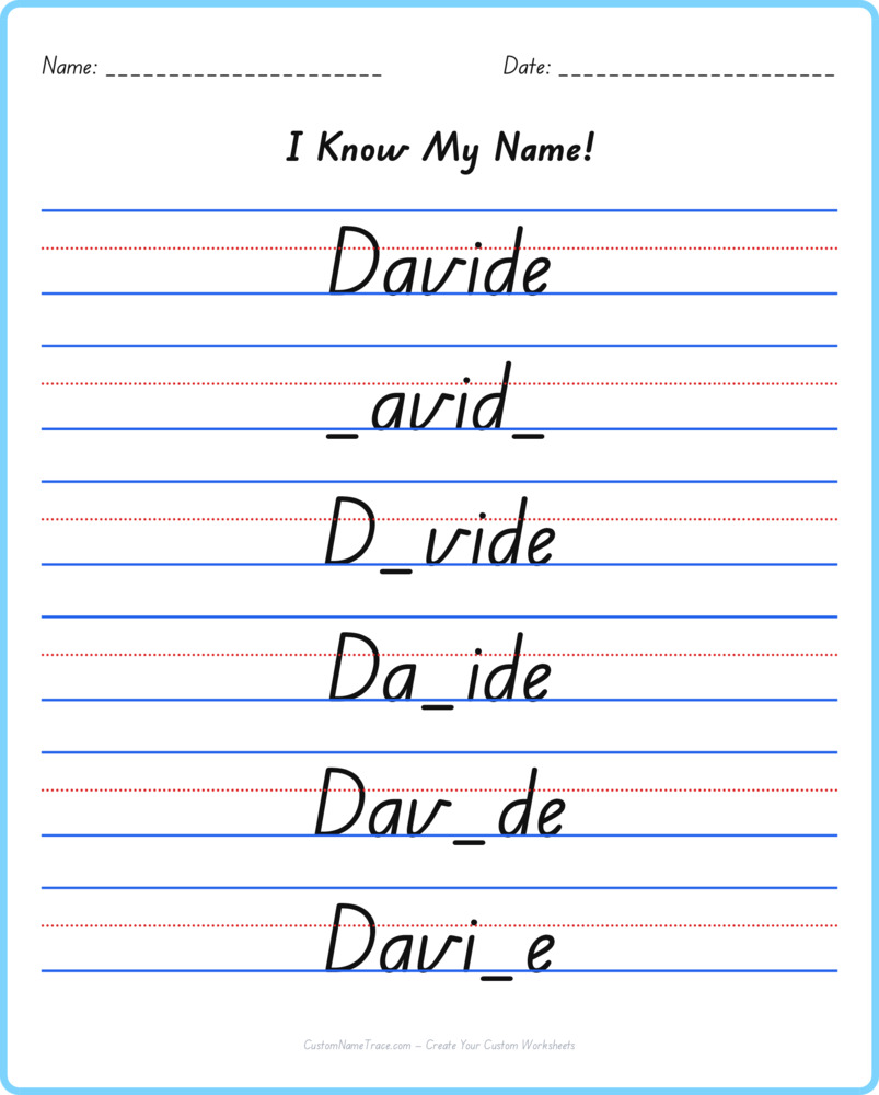 Free Davide custom name tracing - fill-in-the-blank free worksheet