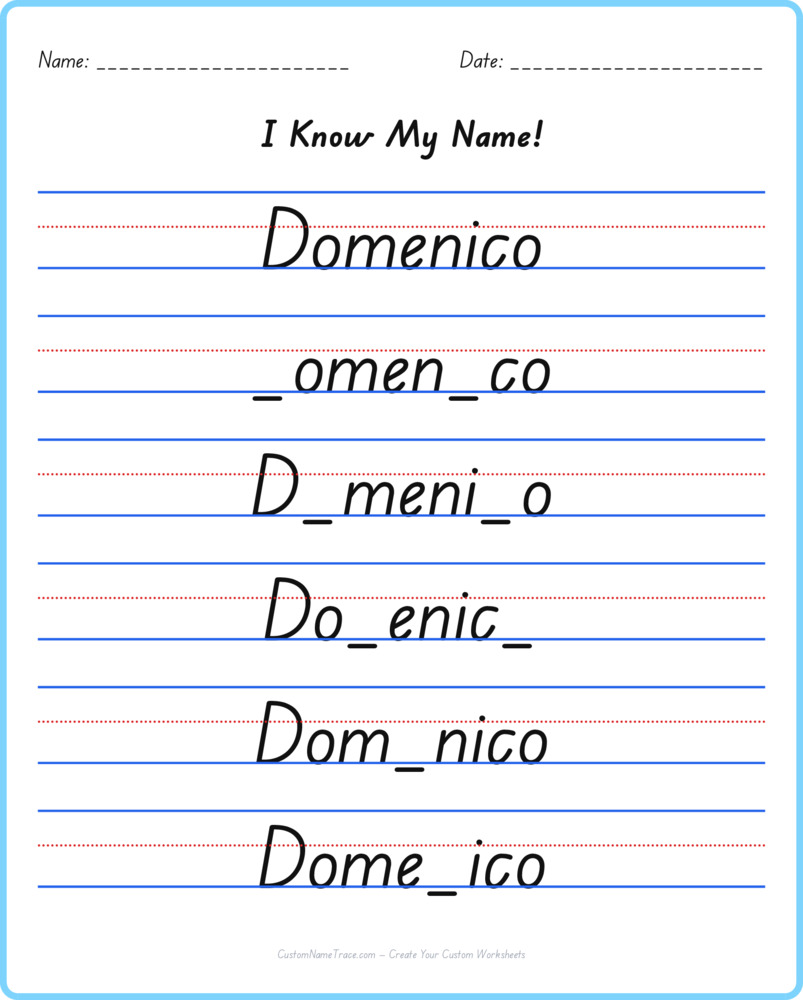 Free Domenico custom name tracing - fill-in-the-blank free worksheet