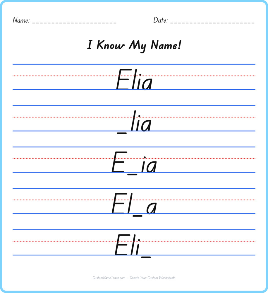 Free Elia custom name tracing - fill-in-the-blank free worksheet