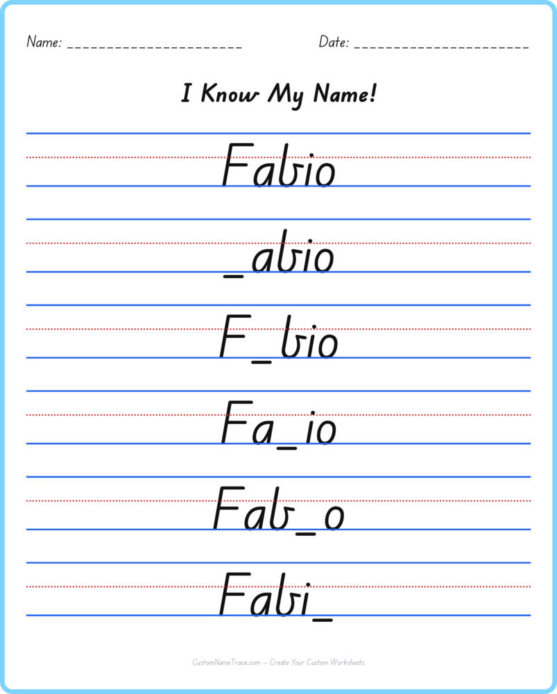 Free Fabio custom name tracing - fill-in-the-blank free worksheet