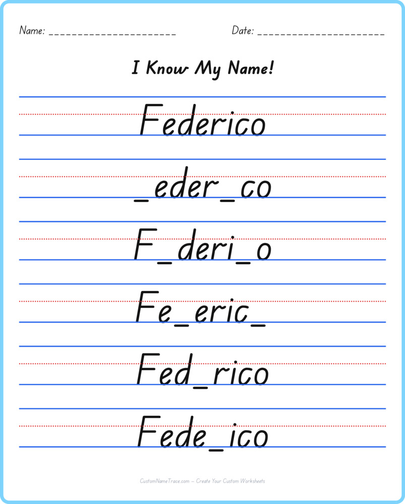 Free Federico custom name tracing - fill-in-the-blank free worksheet