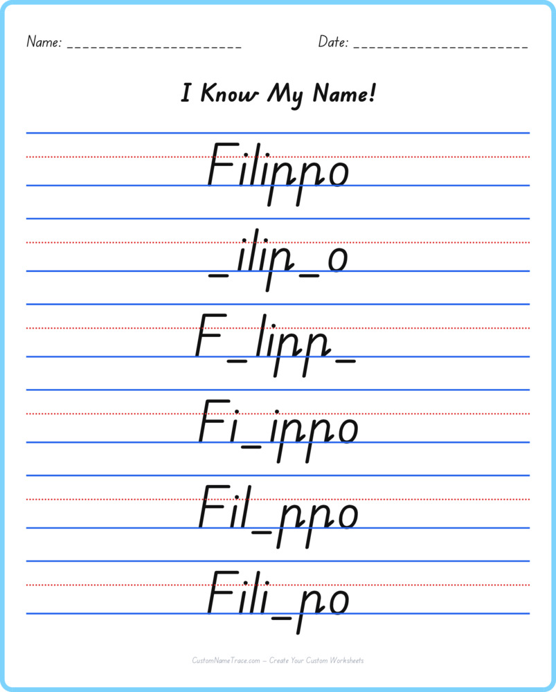 Free Filippo custom name tracing - fill-in-the-blank free worksheet