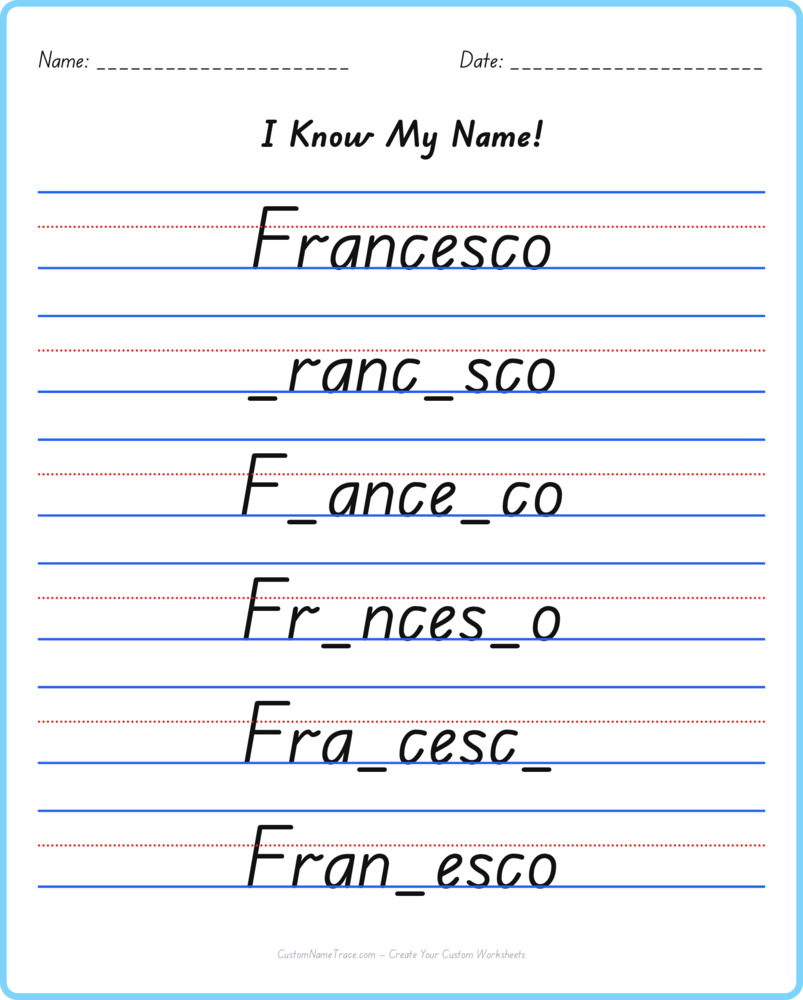 Free Francesco custom name tracing - fill-in-the-blank free worksheet