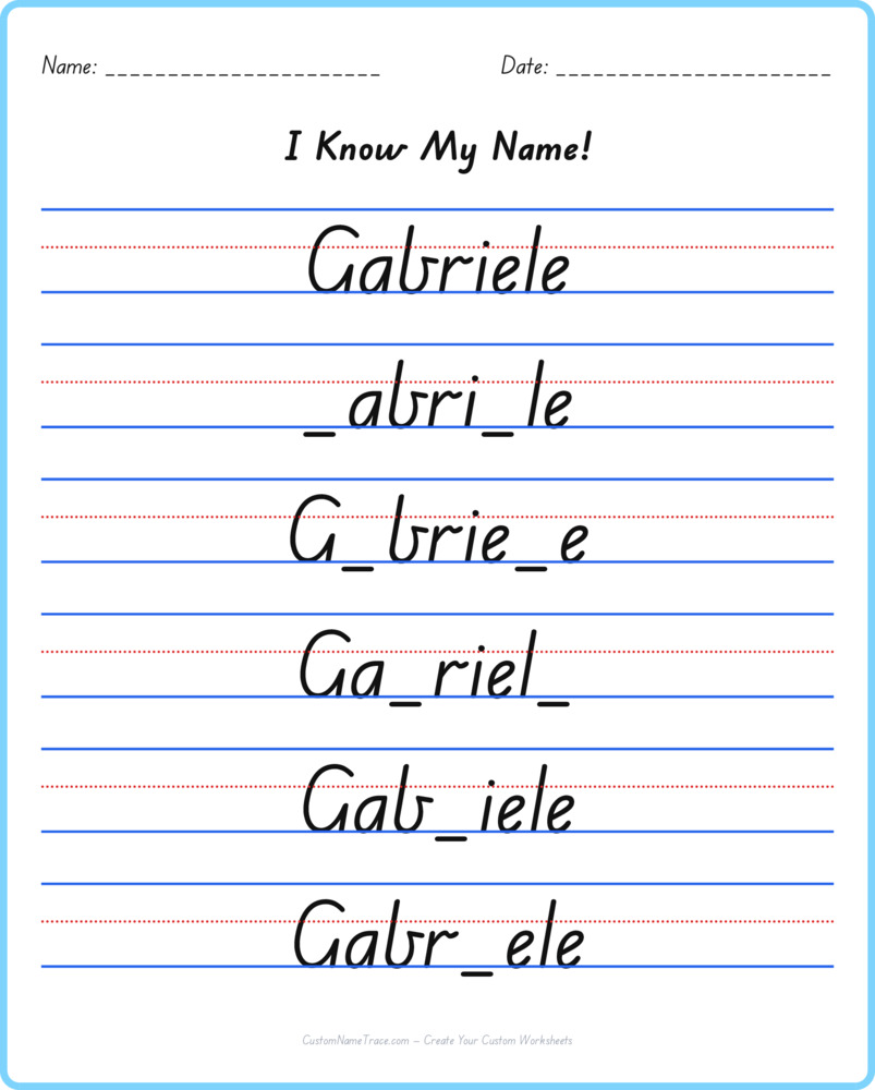 Free Gabriele custom name tracing - fill-in-the-blank free worksheet