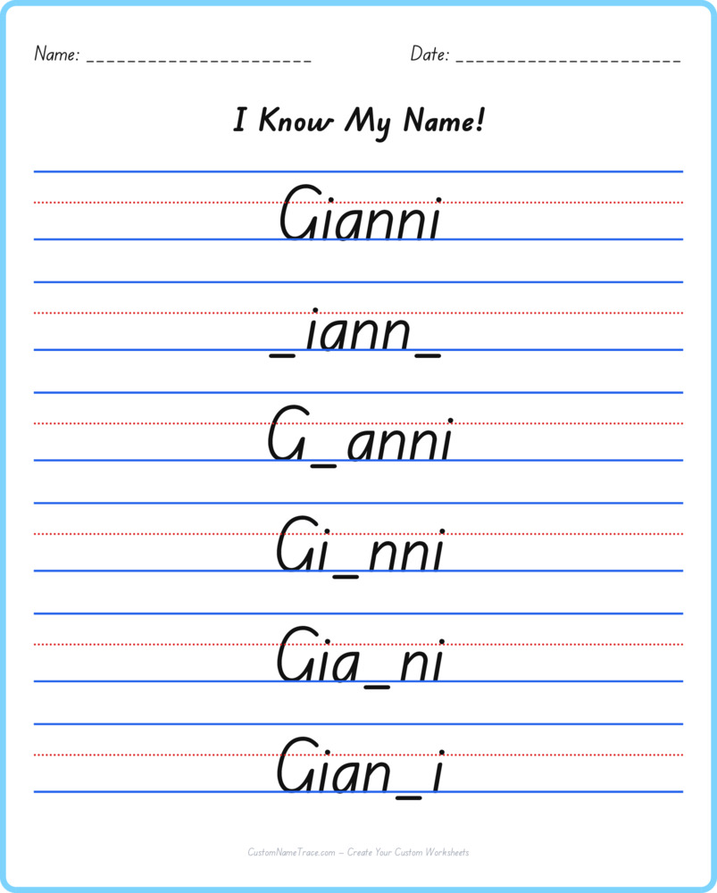 Free Gianni custom name tracing - fill-in-the-blank free worksheet