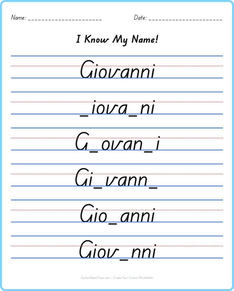 Free Giovanni custom name tracing - fill-in-the-blank free worksheet