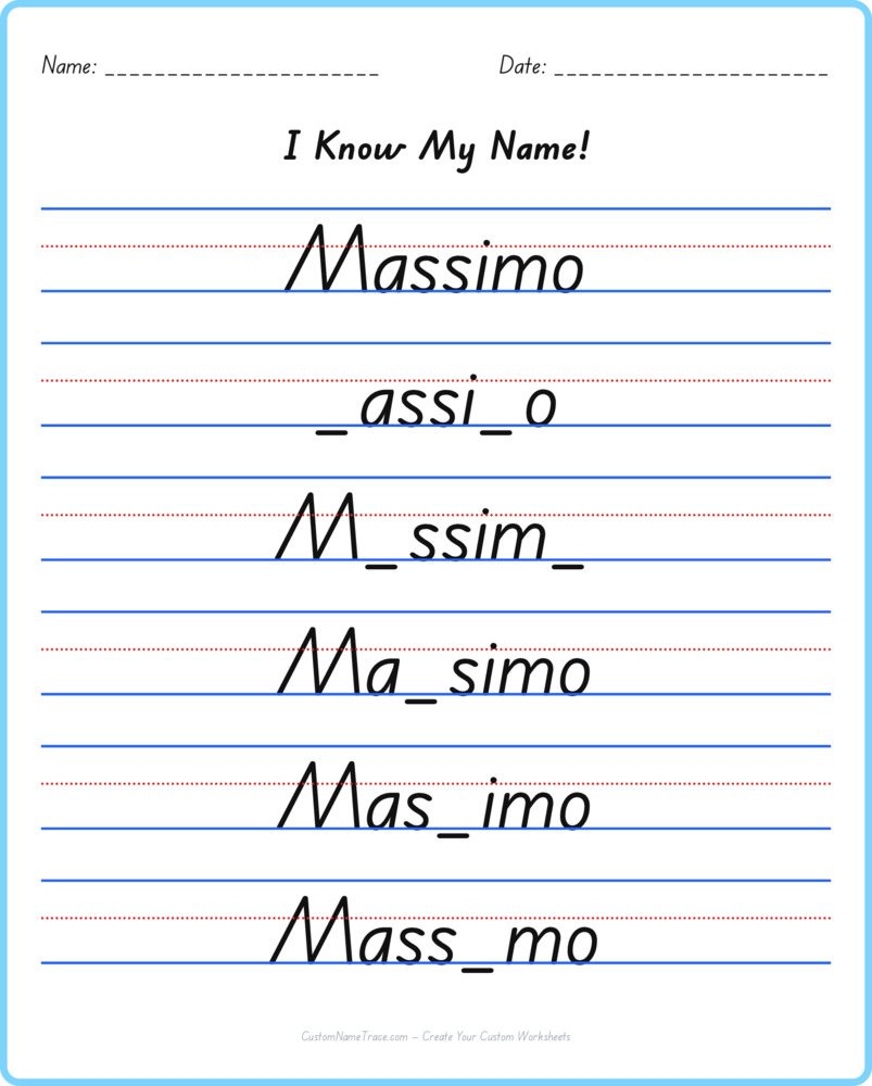 Free Massimo custom name tracing - fill-in-the-blank free worksheet
