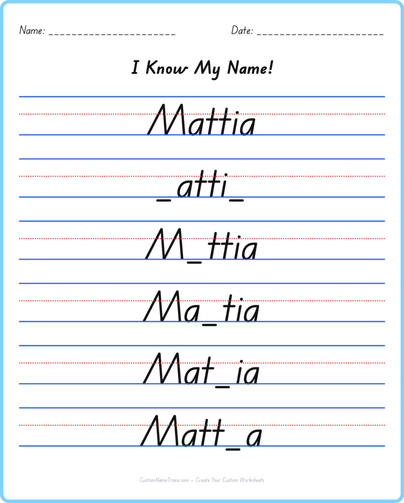 Free Mattia custom name tracing - fill-in-the-blank free worksheet