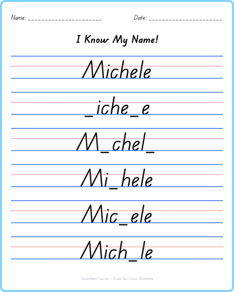 Free Michele custom name tracing - fill-in-the-blank free worksheet