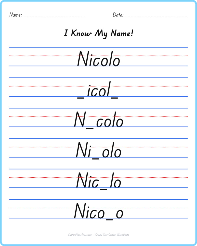 Free Nicolo custom name tracing - fill-in-the-blank free worksheet