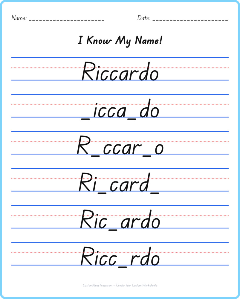 Free Riccardo custom name tracing - fill-in-the-blank free worksheet