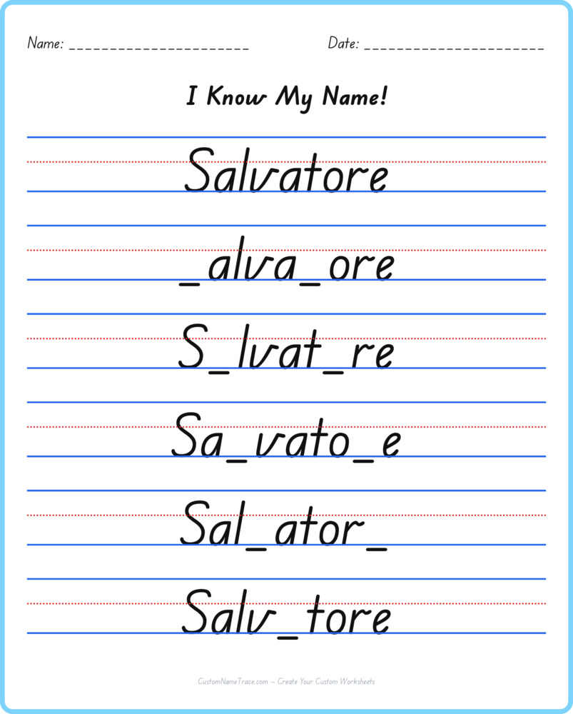 Free Salvatore custom name tracing - fill-in-the-blank free worksheet