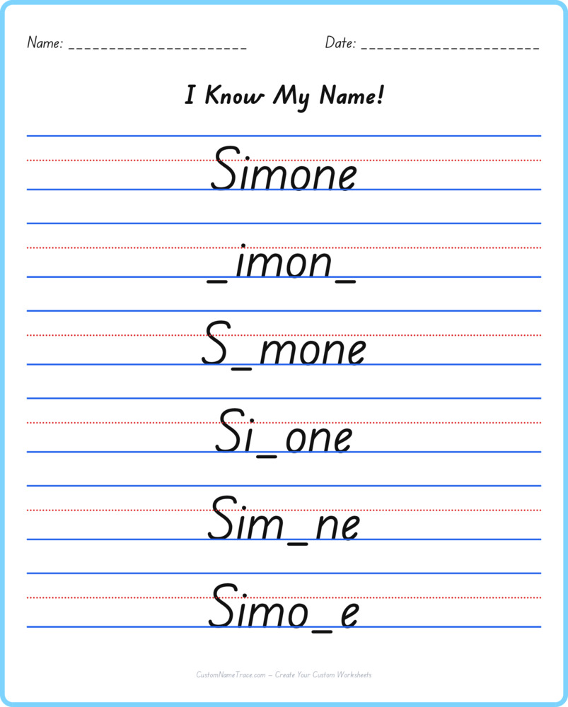 Free Simone custom name tracing - fill-in-the-blank free worksheet