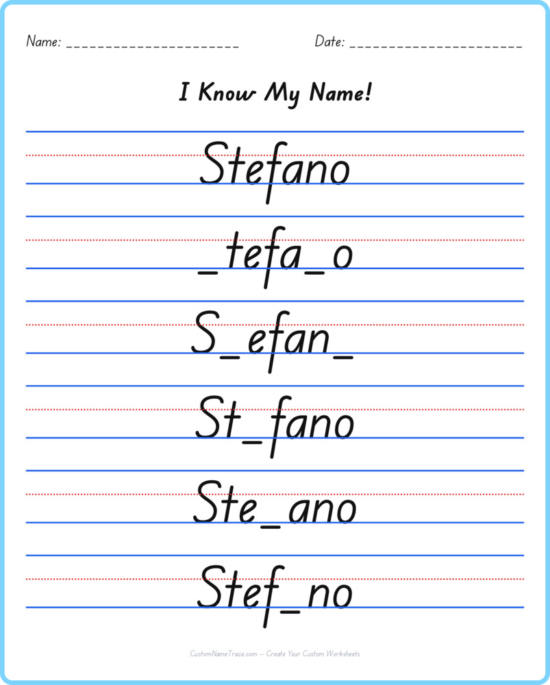 Free Stefano custom name tracing - fill-in-the-blank free worksheet