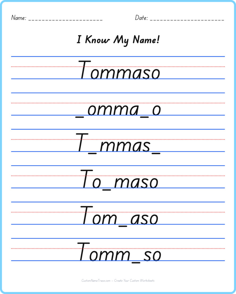 Free Tommaso custom name tracing - fill-in-the-blank free worksheet