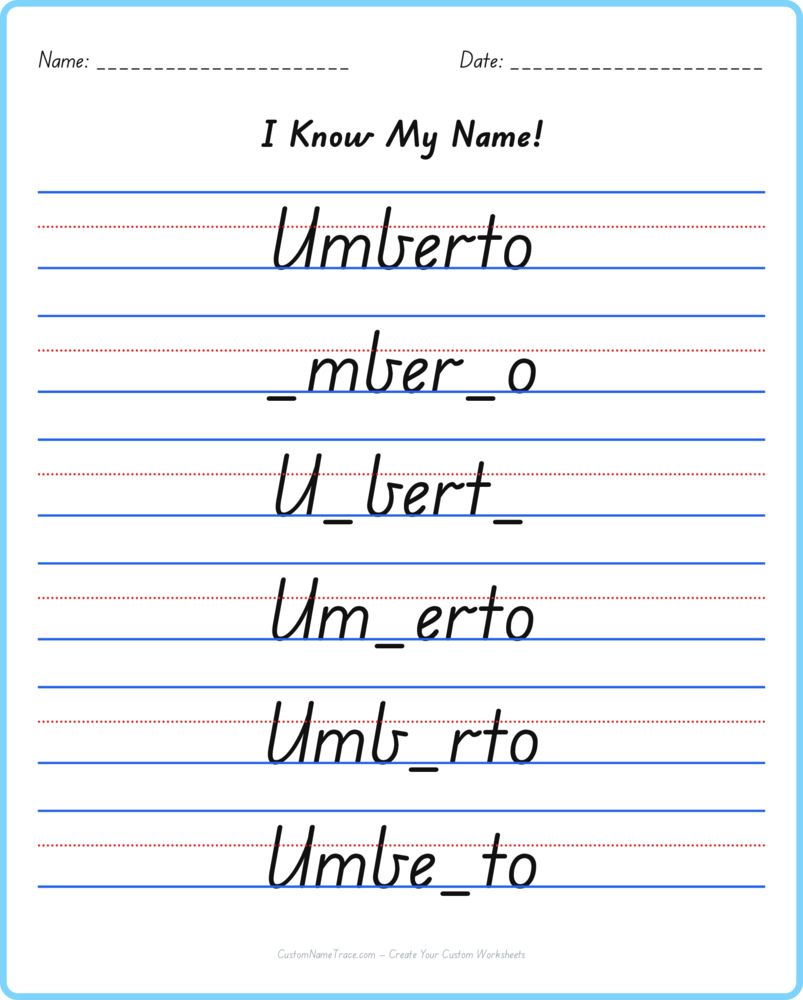 Free Umberto custom name tracing - fill-in-the-blank free worksheet