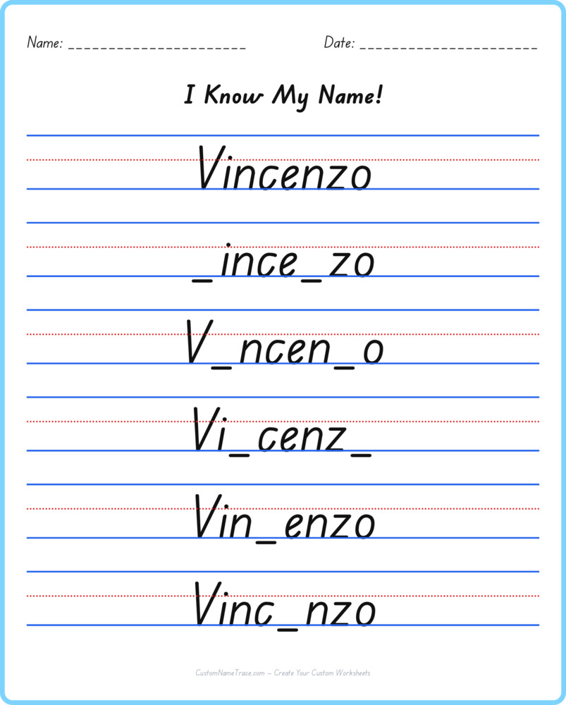 Free Vincenzo custom name tracing - fill-in-the-blank free worksheet