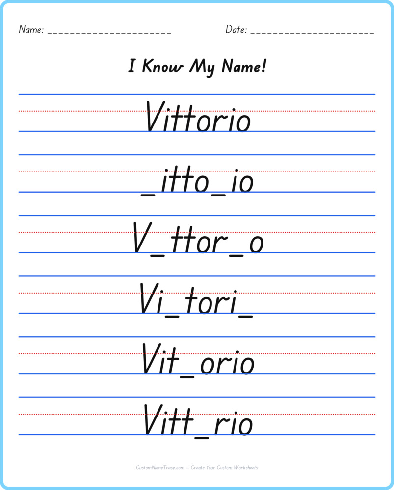 Free Vittorio custom name tracing - fill-in-the-blank free worksheet