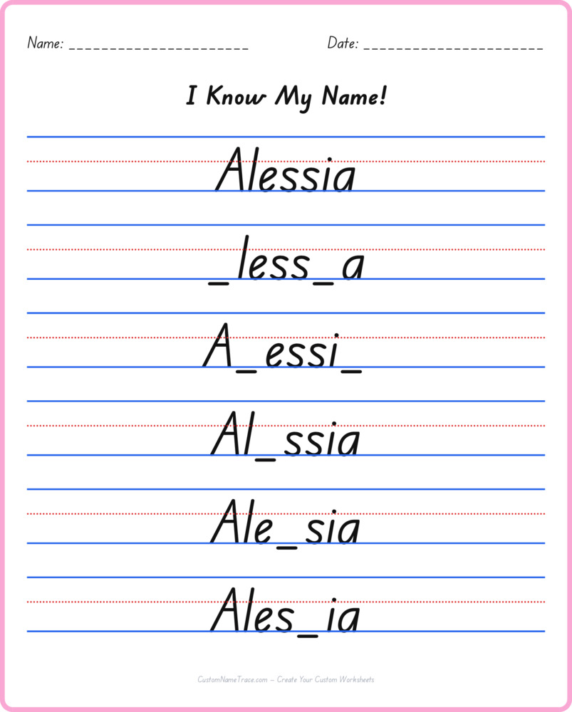 Free Alessia custom name tracing - fill-in-the-blank free worksheet