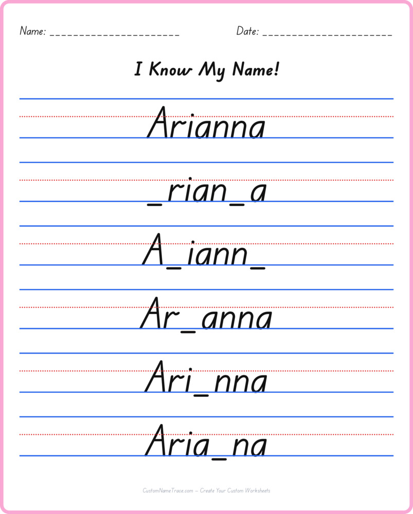 Free Arianna custom name tracing - fill-in-the-blank free worksheet