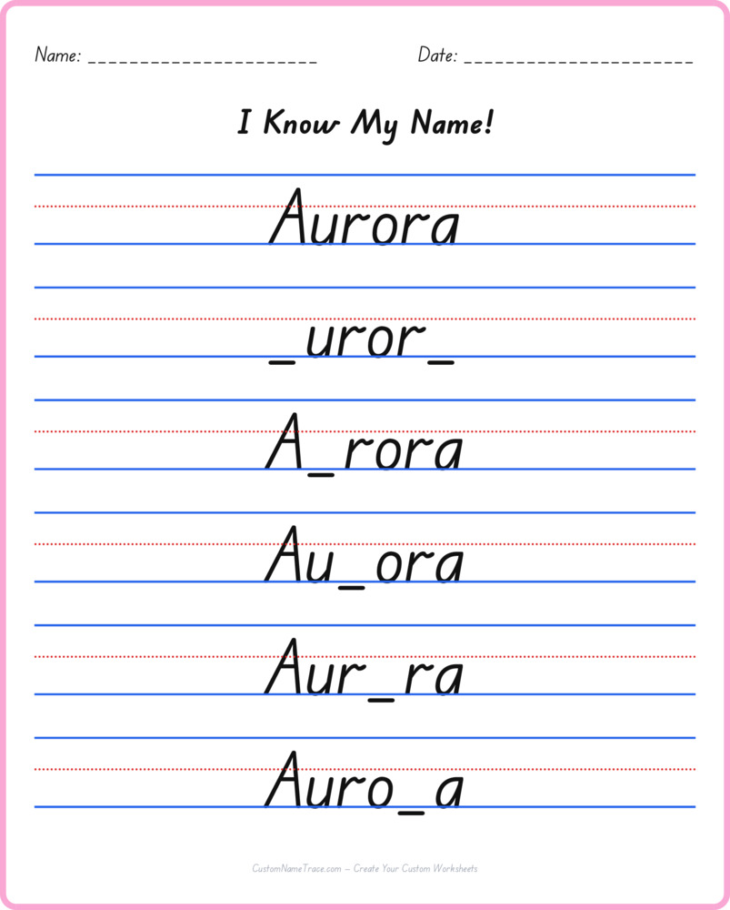 Free Aurora custom name tracing - fill-in-the-blank free worksheet