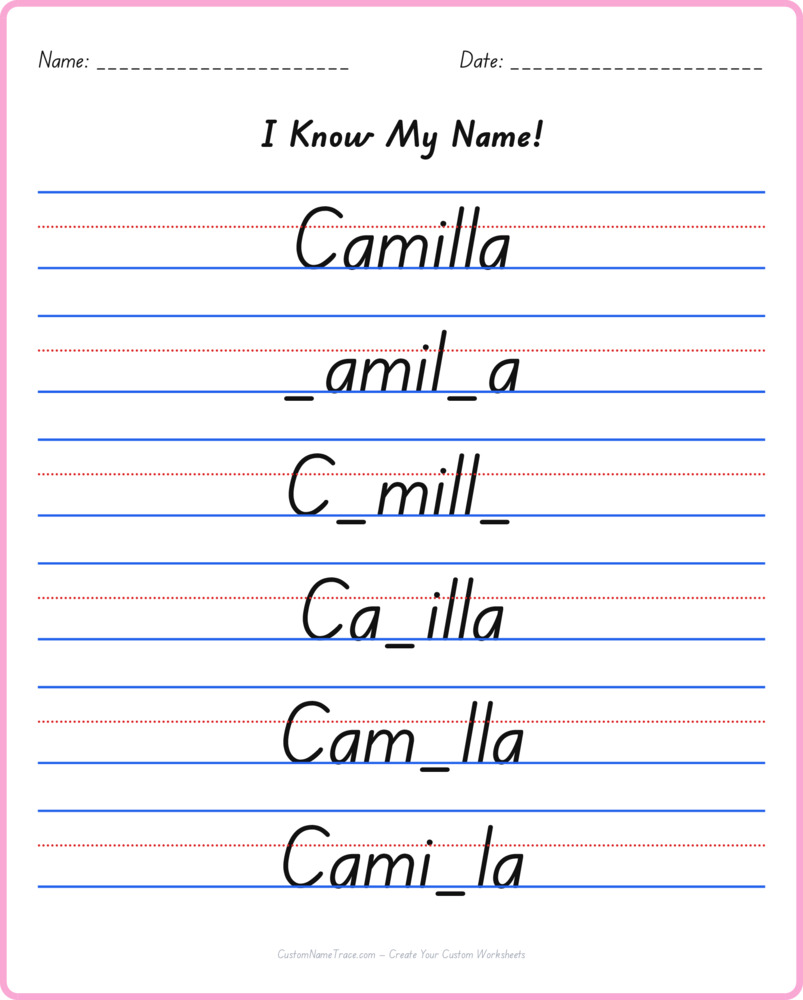 Free Camilla custom name tracing - fill-in-the-blank free worksheet