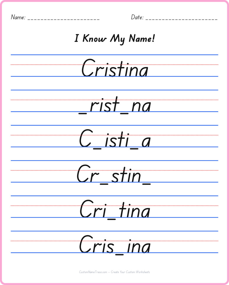Free Cristina custom name tracing - fill-in-the-blank free worksheet