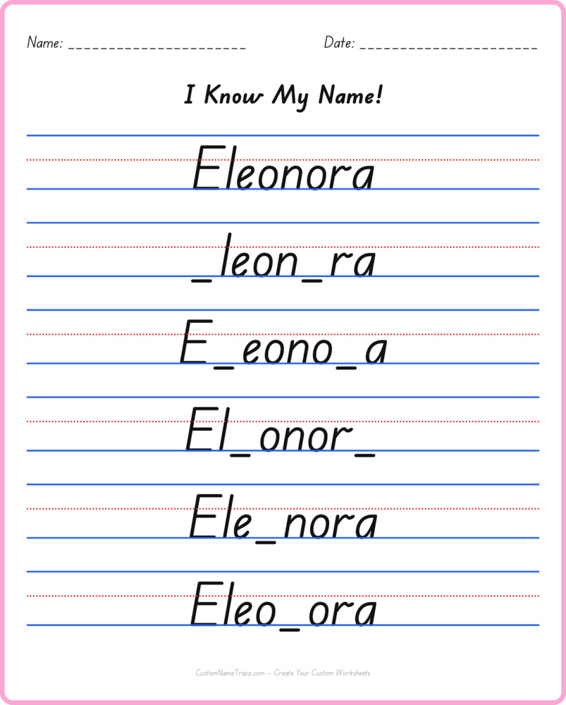Free Eleonora custom name tracing - fill-in-the-blank free worksheet