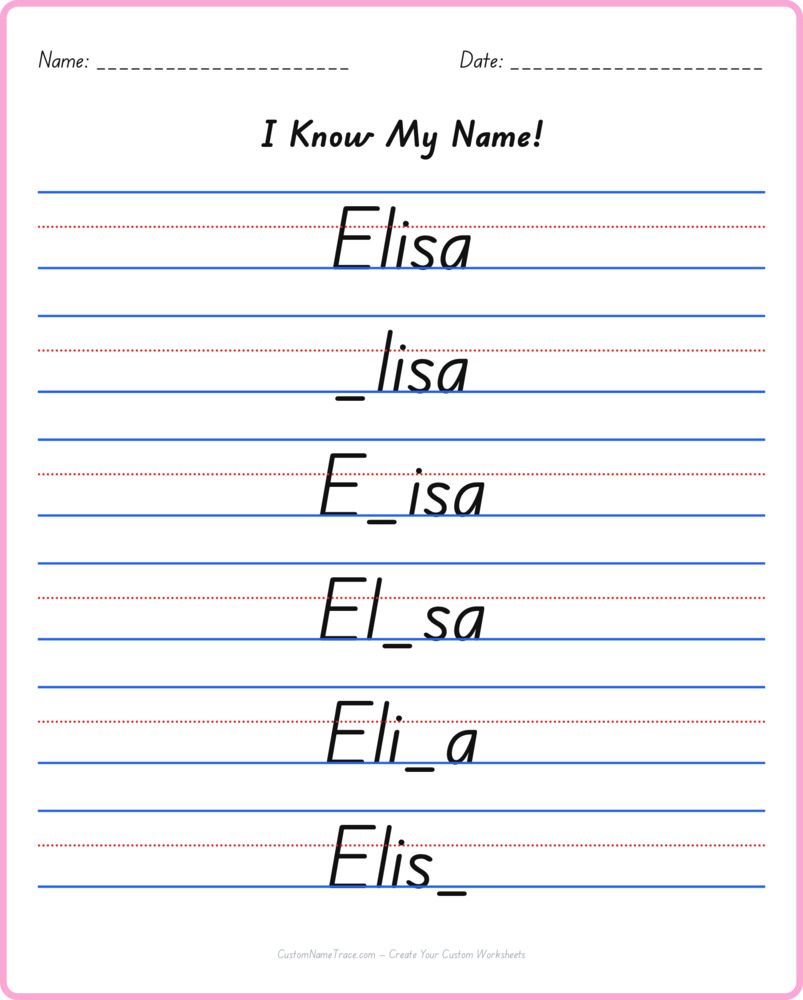 Free Elisa custom name tracing - fill-in-the-blank free worksheet
