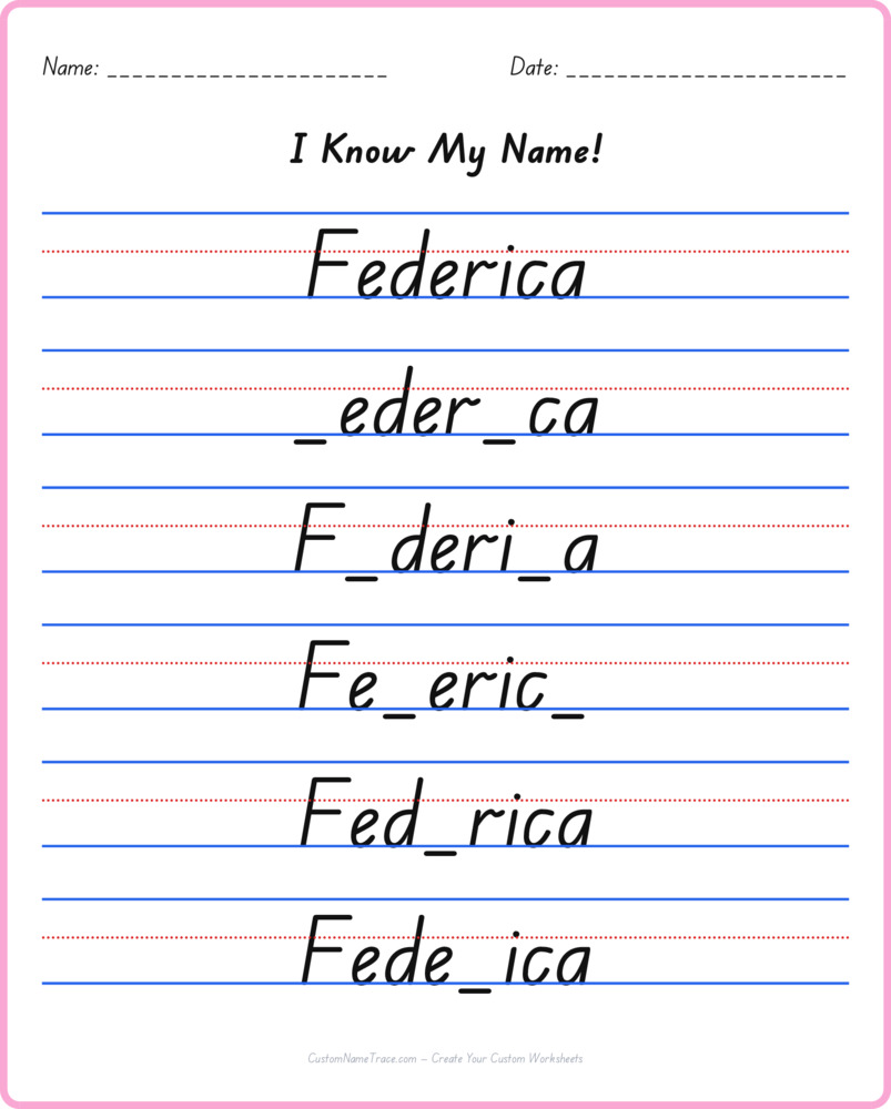 Free Federica custom name tracing - fill-in-the-blank free worksheet