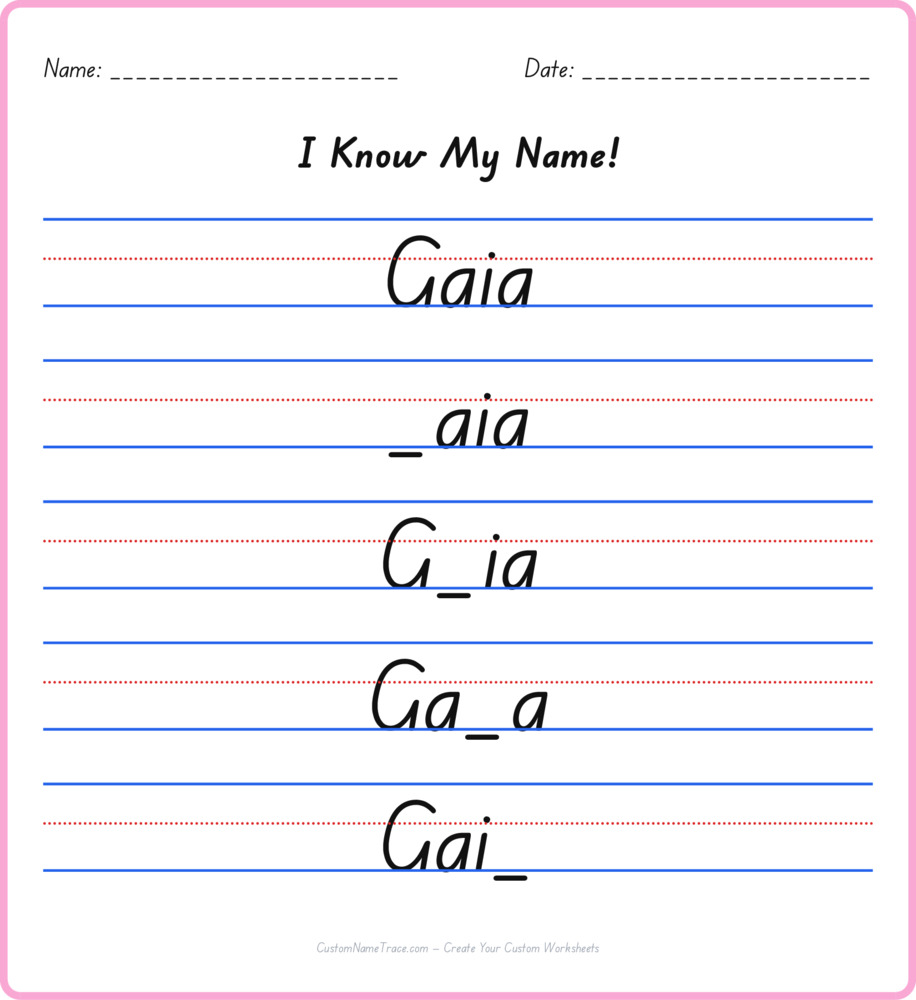 Free Gaia custom name tracing - fill-in-the-blank free worksheet