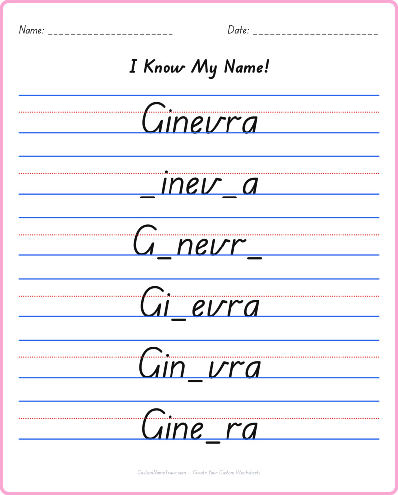 Free Ginevra custom name tracing - fill-in-the-blank free worksheet