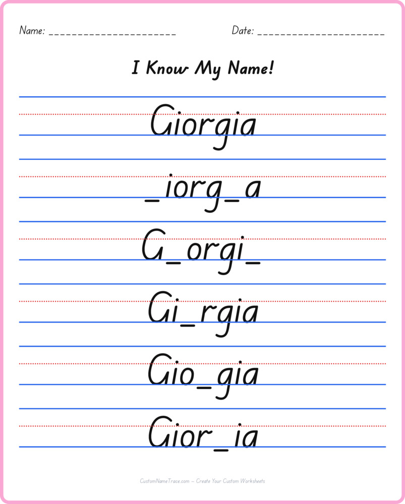 Free Giorgia custom name tracing - fill-in-the-blank free worksheet