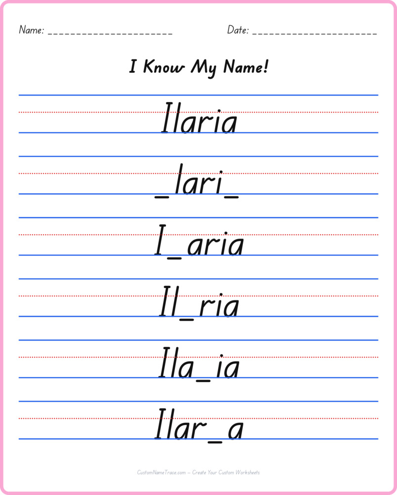 Free Ilaria custom name tracing - fill-in-the-blank free worksheet
