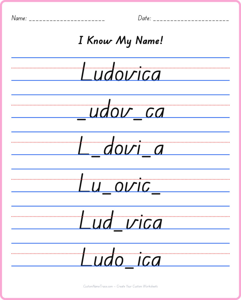 Free Ludovica custom name tracing - fill-in-the-blank free worksheet