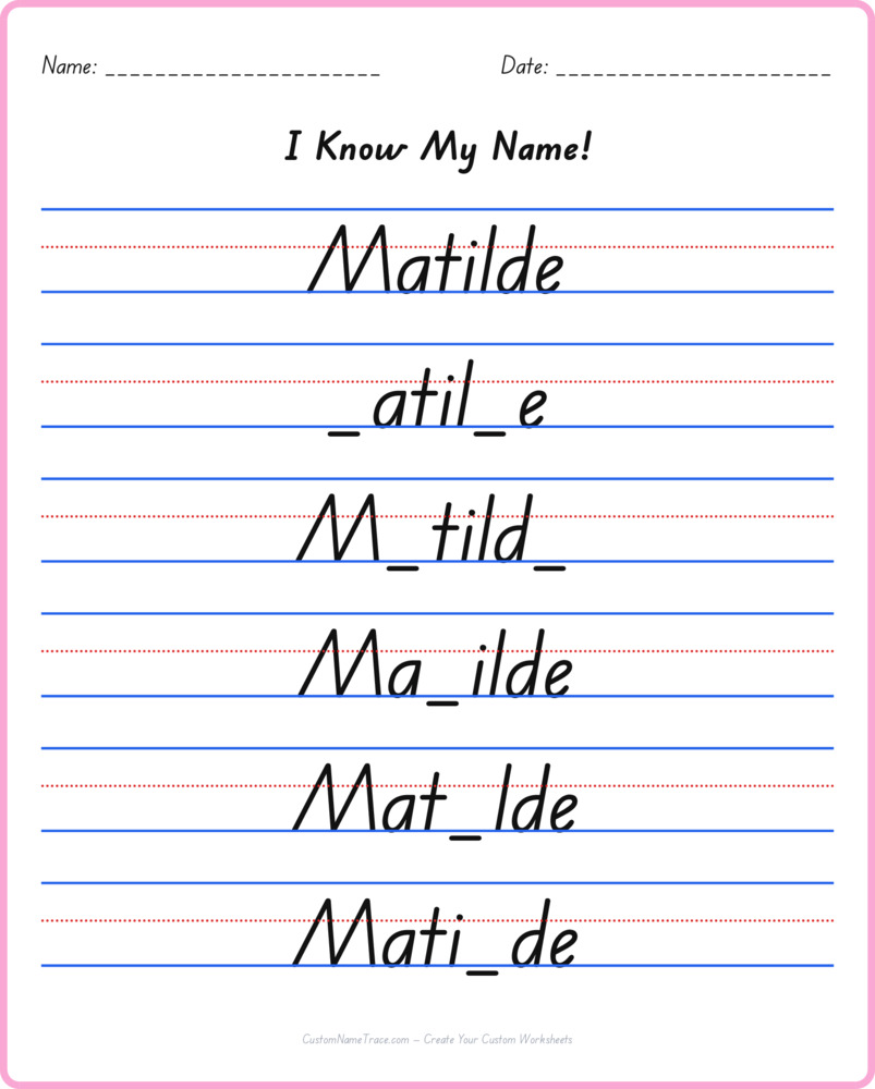 Free Matilde custom name tracing - fill-in-the-blank free worksheet