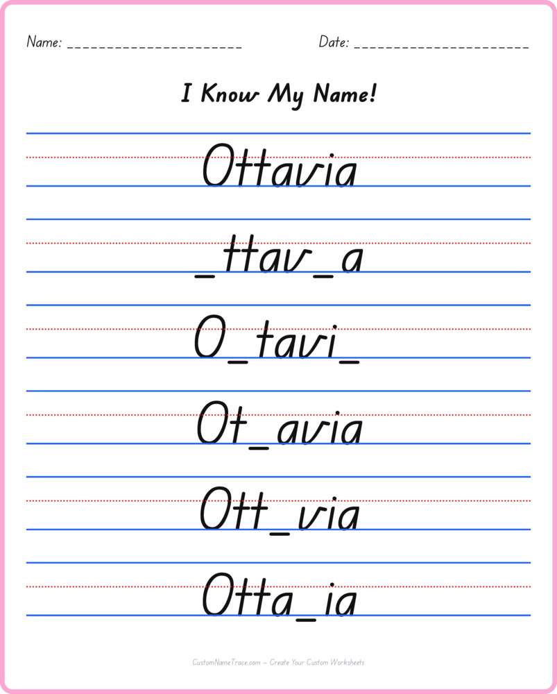 Free Ottavia custom name tracing - fill-in-the-blank free worksheet
