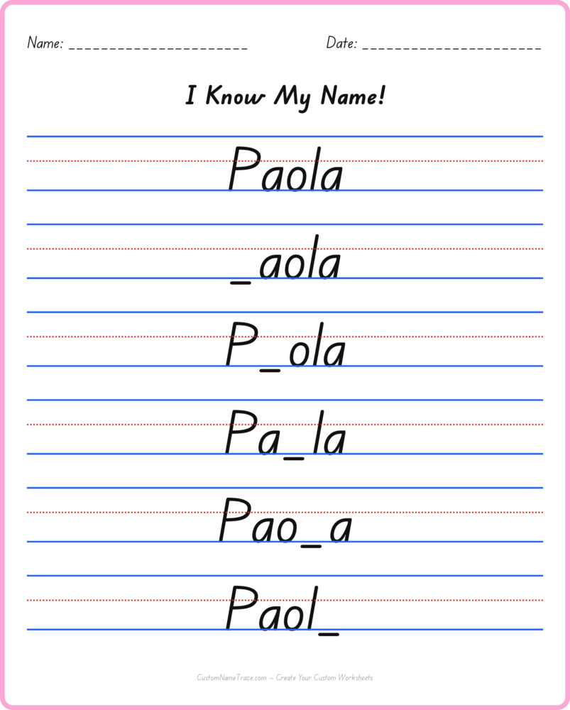 Free Paola custom name tracing - fill-in-the-blank free worksheet