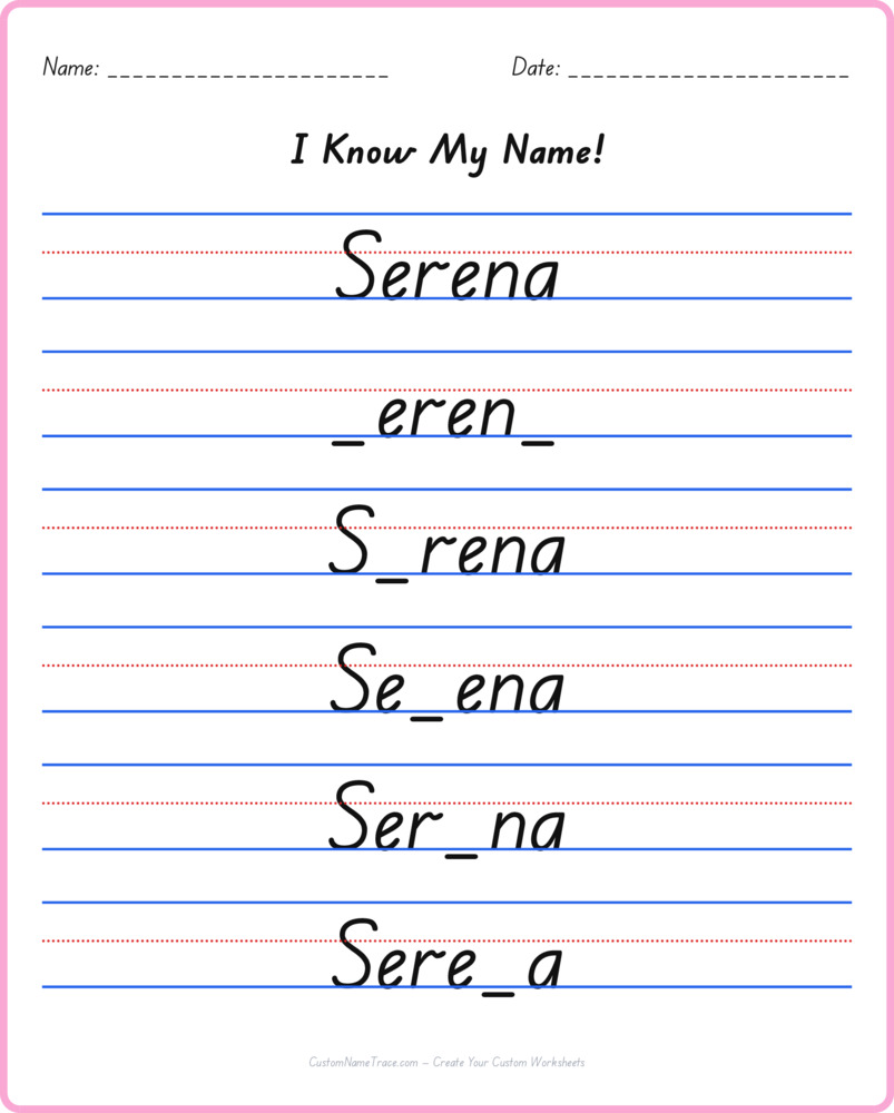 Free Serena custom name tracing - fill-in-the-blank free worksheet