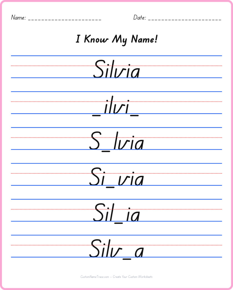 Free Silvia custom name tracing - fill-in-the-blank free worksheet