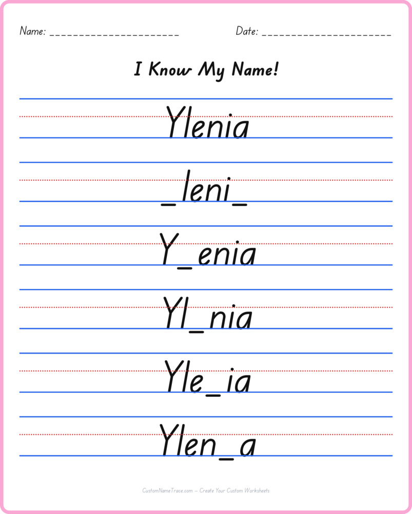 Free Ylenia custom name tracing - fill-in-the-blank free worksheet