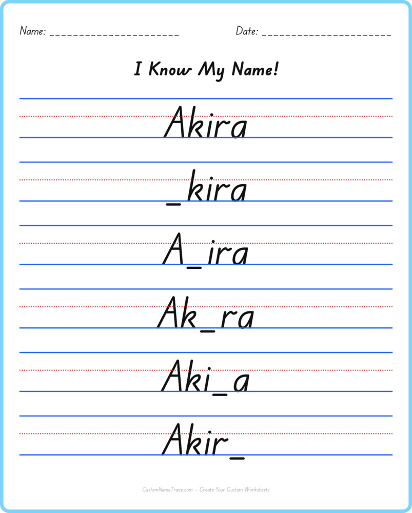 Free Akira custom name tracing - fill-in-the-blank free worksheet