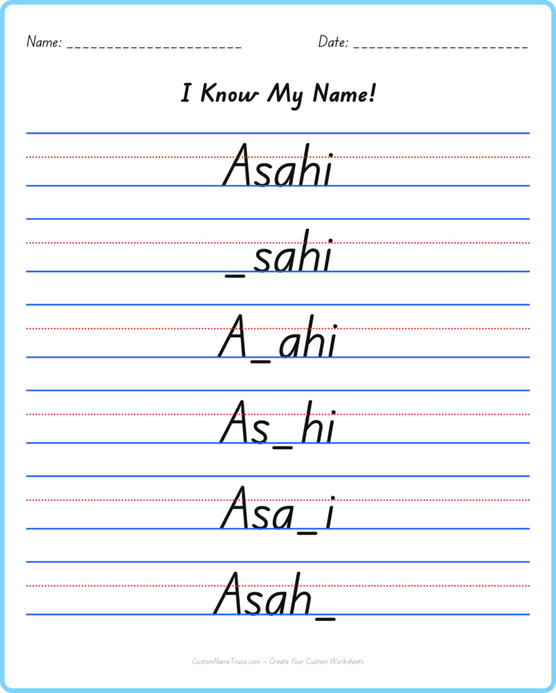 Free Asahi custom name tracing - fill-in-the-blank free worksheet