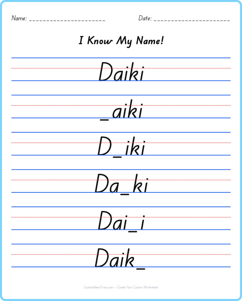 Free Daiki custom name tracing - fill-in-the-blank free worksheet