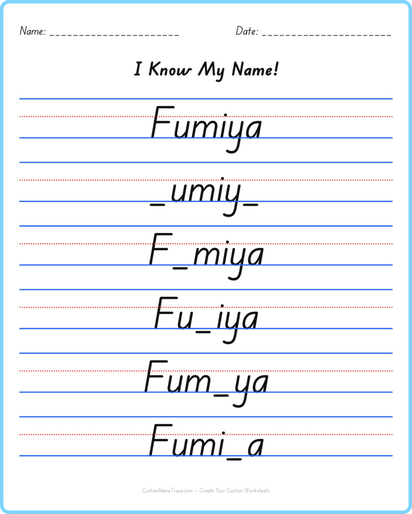 Free Fumiya custom name tracing - fill-in-the-blank free worksheet